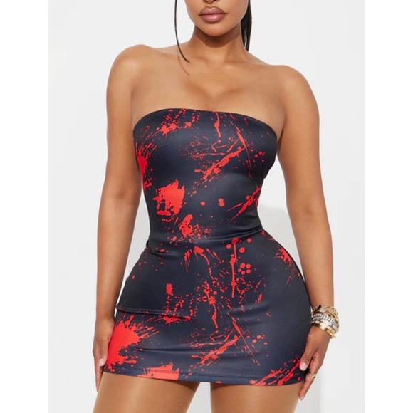 Fashion Nova Dresses & Skirts - Fashion Nova Black Red Paint Splatter Tube Bodycon Mini Dress Womens Size Small